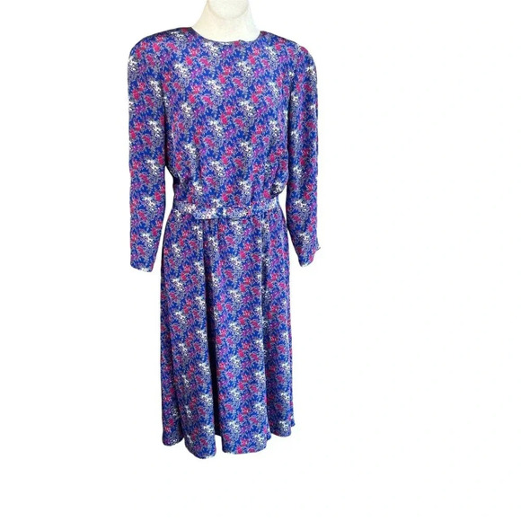 Vintage Liz Claiborne Blue Floral Modest Belted Shirtwaist Dress Size 16 - Picture 1 of 10